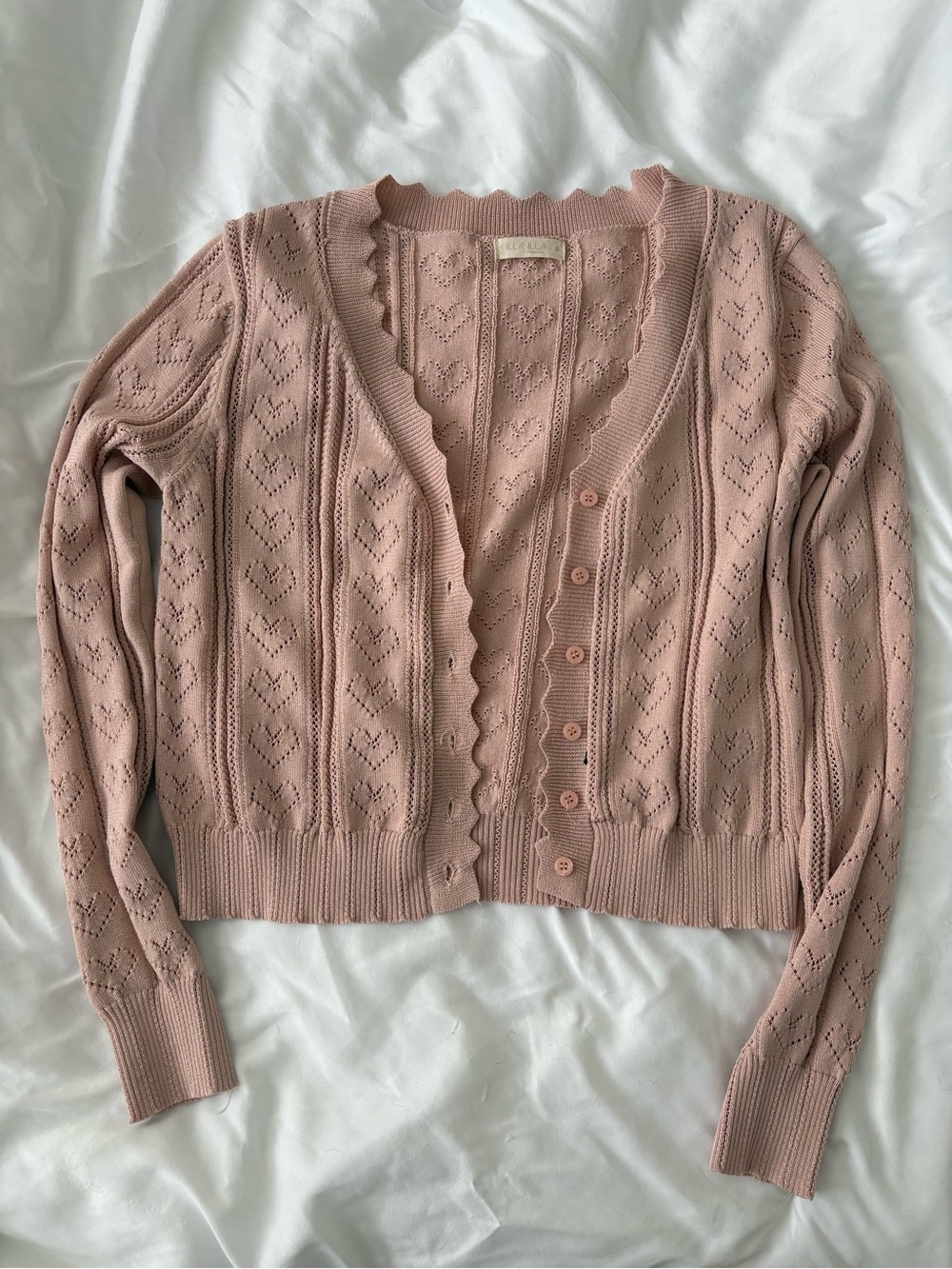Morning Lavender Heart Pointelle Cardigan Sweater in Dusty Rose Pink Small